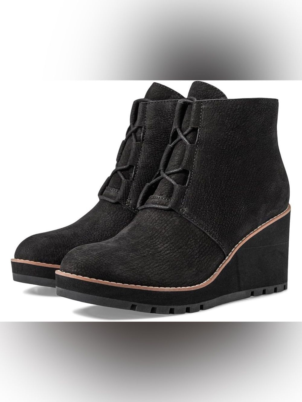 New Eileen Fisher Alpine Suede Lace-Up Wedge Booties in Black Size 8